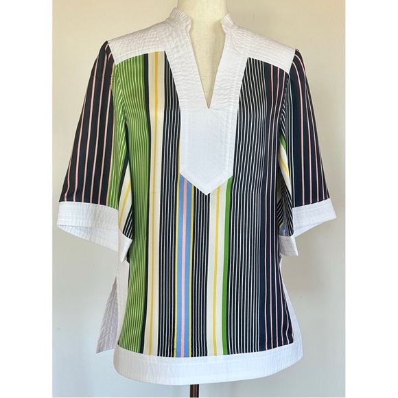 Tory Burch Field Day Stripe Silk Short Sleeve Tunic Top Size 8 - Picture 1 of 16